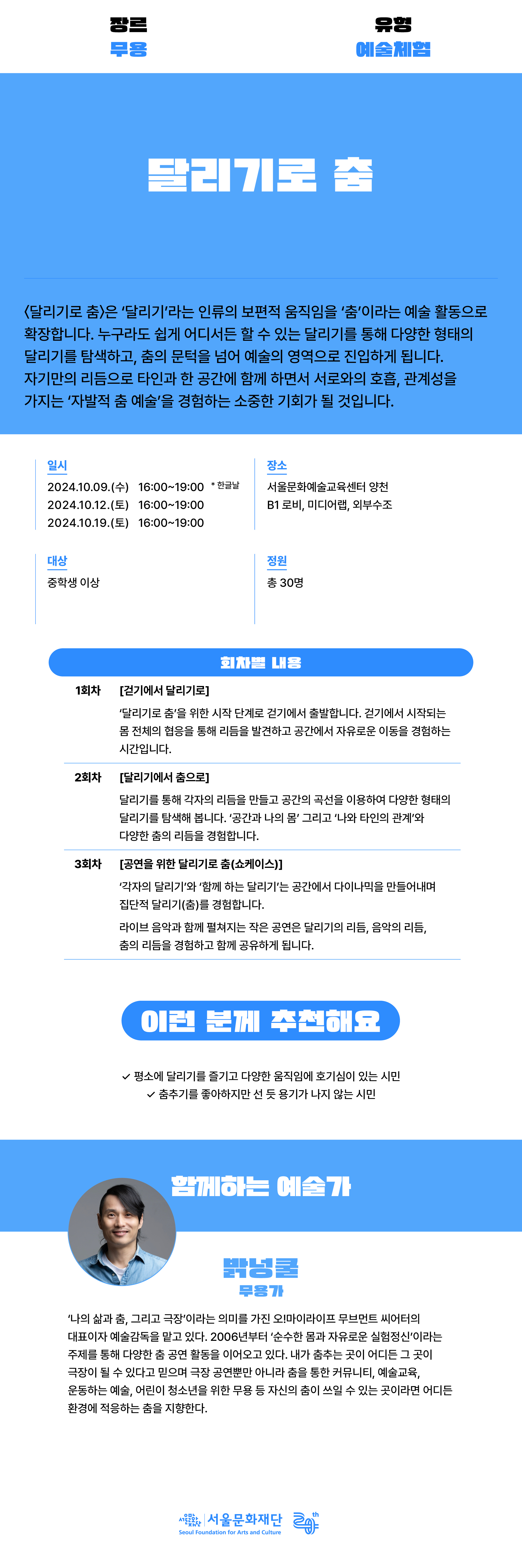 <달리기로 춤>은 ‘달리기’라는 인류의 보편적 움직임을 ‘춤’이라는 예술 활동으로 확장합니다. 누구라도 쉽게 어디서든 할 수 있는 달리기를 통해 다양한 형태의 달리기를 탐색하고, 춤의 문턱을 넘어 예술의 영역으로 진입하게 됩니다. 자기만의 리듬으로 타인과 한 공간에 함께 하면서 서로와의 호흡, 관계성을 가지는 ‘자발적 춤 예술’을 경험하는 소중한 기회가 될