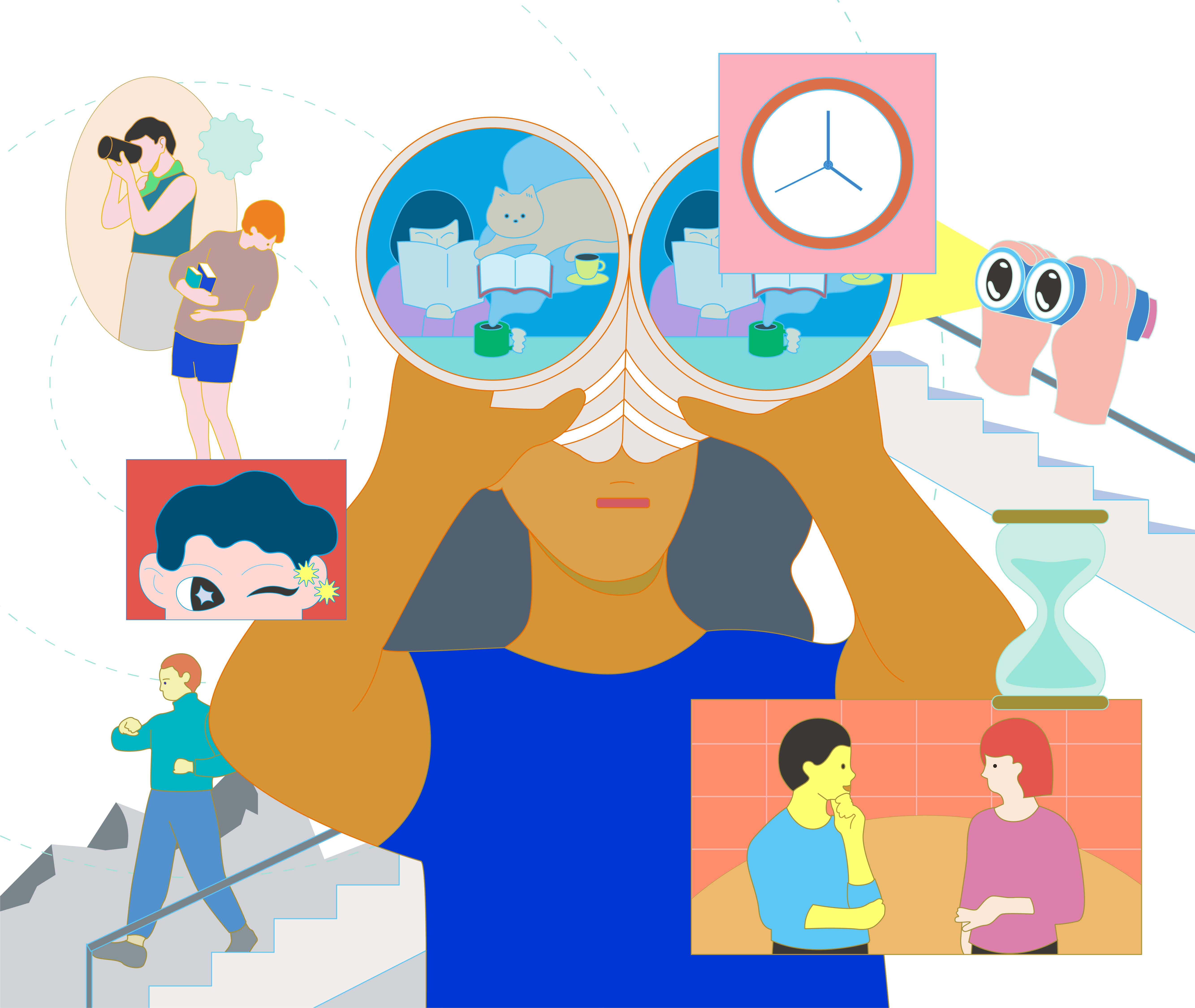 망원경을 보고 있는 사람, 책을 읽는 사람, 윙크하는 사람, 계단을 내려가는 사람, 같은 눈높이에서 대화를 나누는 두 사람이 한 자리에 모여 있다. 곳곳에 시계와 모래시계 등 '시간'을 나타내는 물건들도 그려져 있다. 