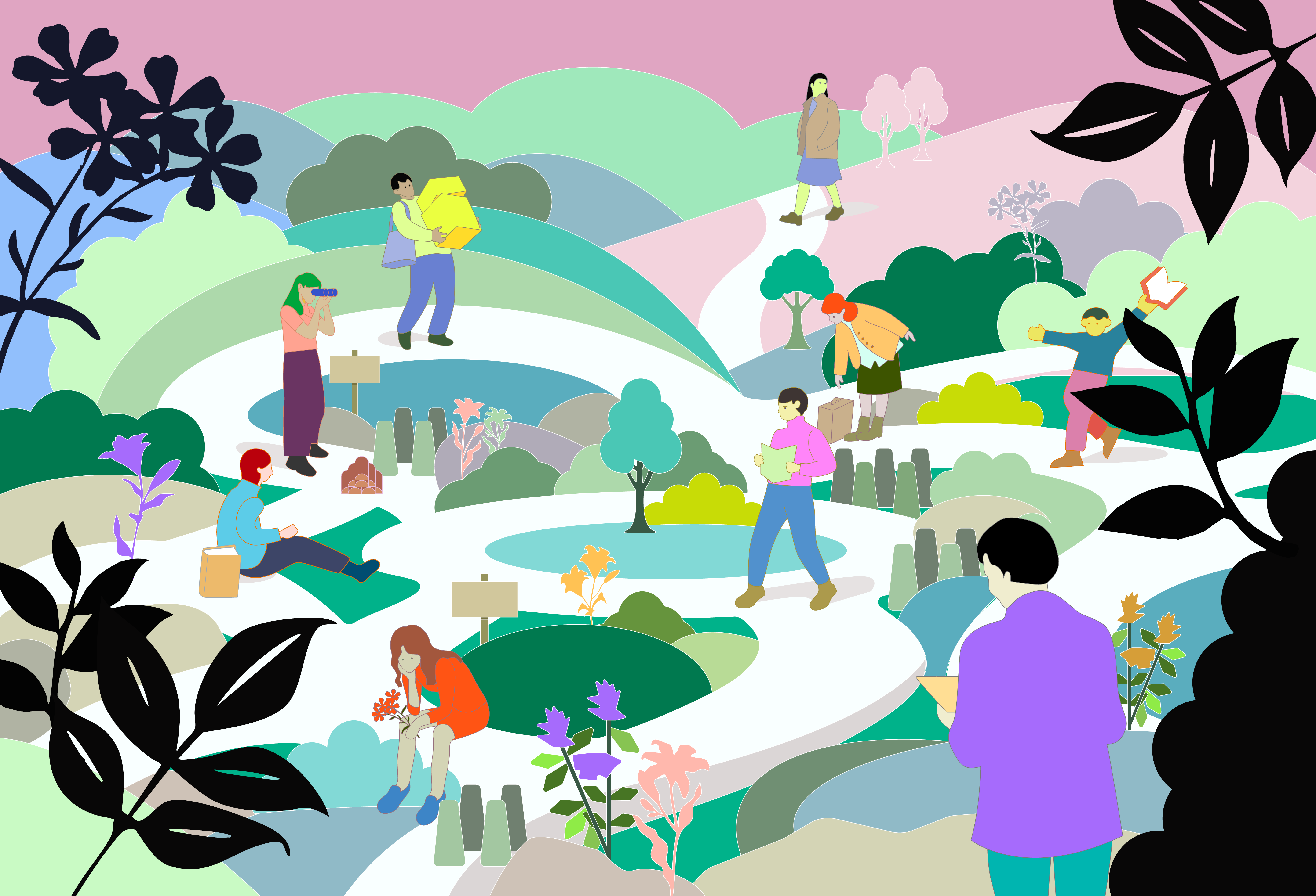 다양한 갈림길이 있는 풍경에서, 사람들이 제각각의 모습으로 길 위에서 시간을 보내고 있다. 누군가는 망원경으로 먼 곳을 관찰하고, 누군가는 손에 든 꽃다발을 바라보고, 누군가는 책을 읽고 있다. 갈림길의 곳곳에는 꽃과 나무들이 자라나고 있다. 