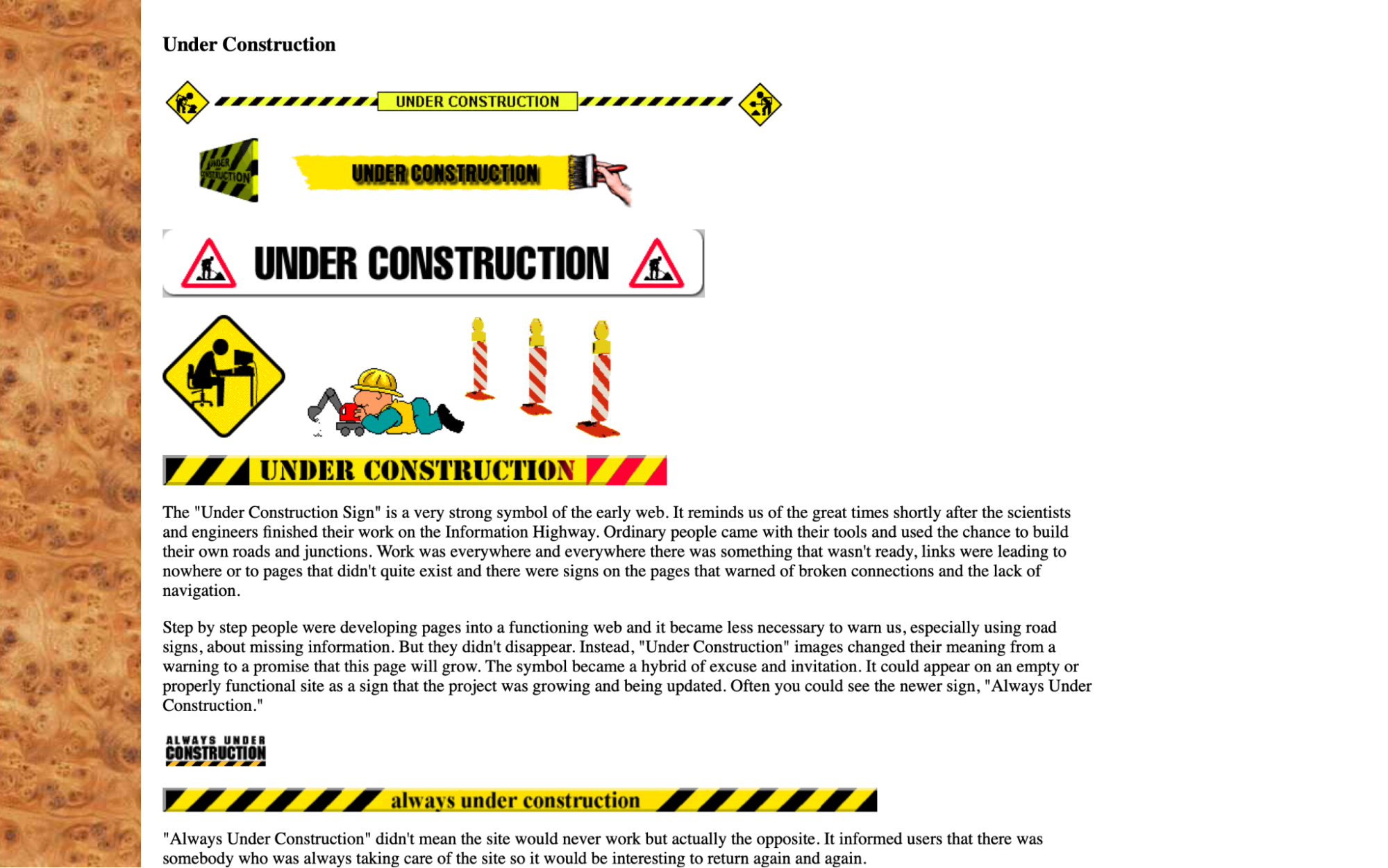 ‘Under Construction’ 등 ‘공사중’을 의미하는 그래픽이 곳곳에 자리하고, 그 사이에 관련 정보가 영문으로 적혀 있다.