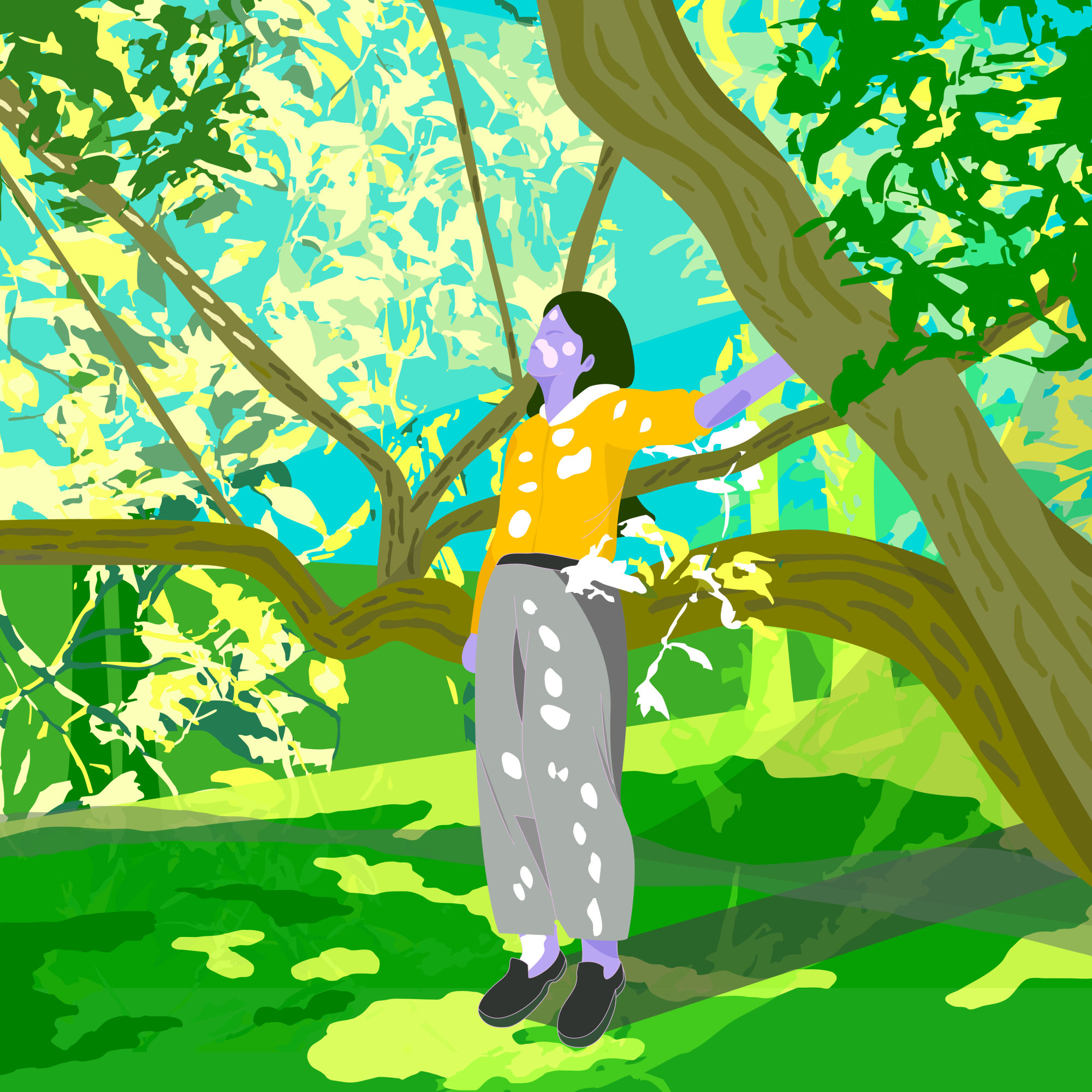 숲속 커다란 나무 아래에 한 사람이 서 있다. 나뭇잎 사이로 햇살이 내려앉아 빛과 그림자가 점점이 떨어진다. 평화롭고 따뜻한 분위기가 느껴진다.