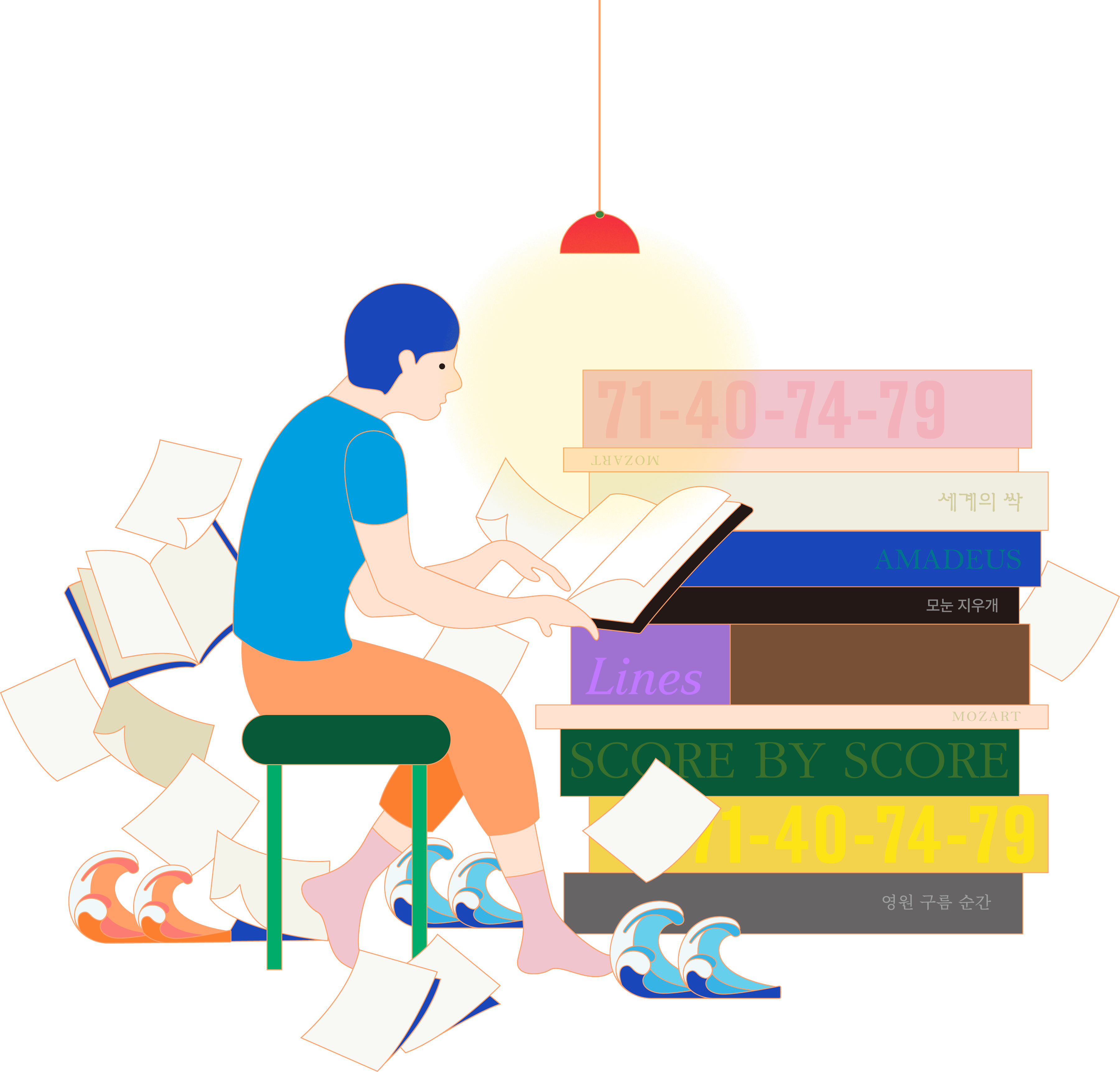 한 사람이 의자에 앉아 페이지를 읽어나가고 있다. 읽는 사람의 앞에는 책들이 쌓여 있고, 읽는 사람의 손 모양은 피아노 건반을 연주할 때의 손 모양과 닮았다. 