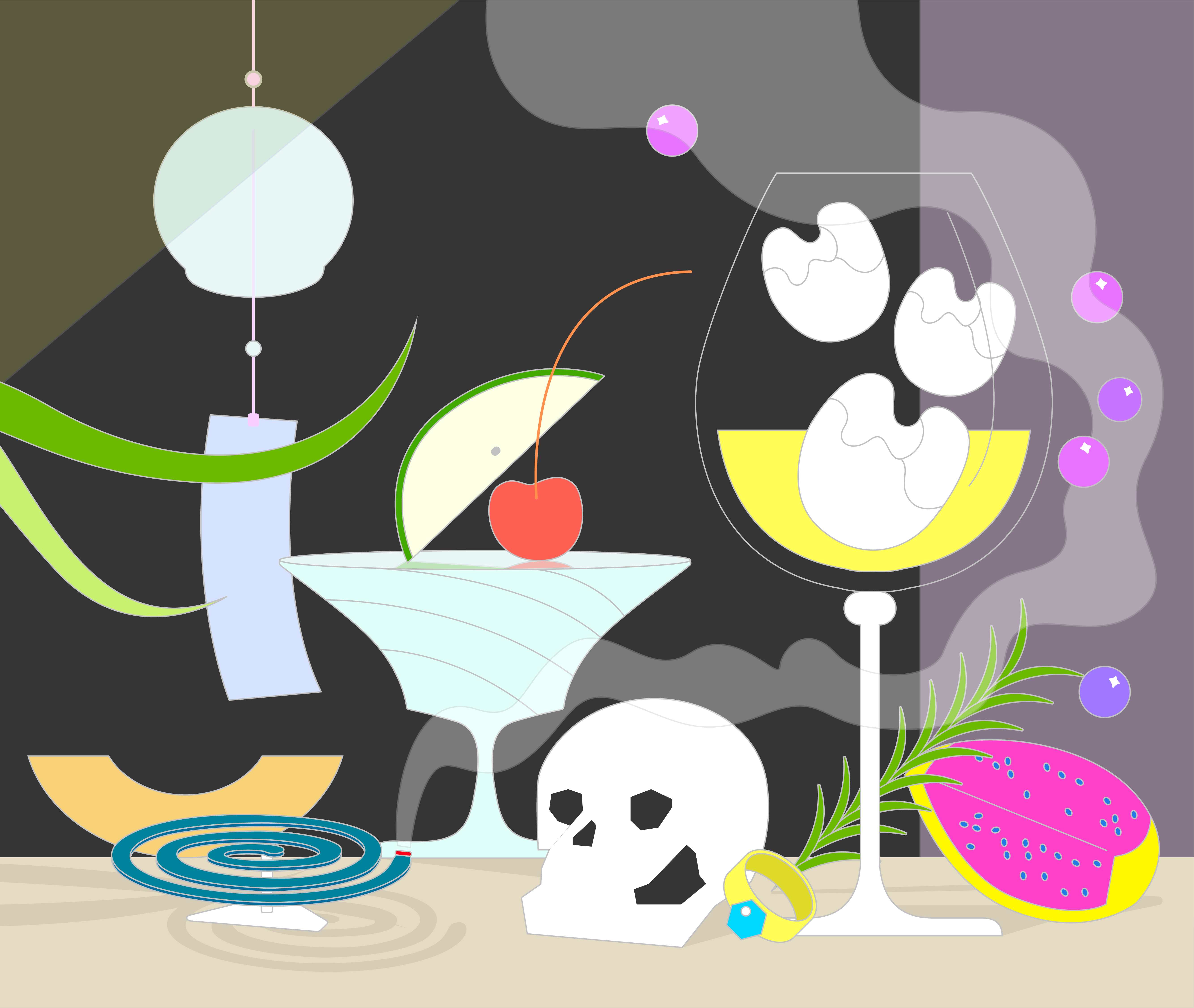 검은 배경의 정물화. 체리와 라임 조각이 꽂힌 칵테일 잔과, 흰색 물질이 떠 있는 와인 잔이 놓여 있다. 해골과 보석 반지, 향, 풍경, 풀잎, 자홍빛 과일 조각 등이 배치되어 있다. 보랏빛 거품과 향에서 피어오른 연기가 뒤섞여 흩날린다.