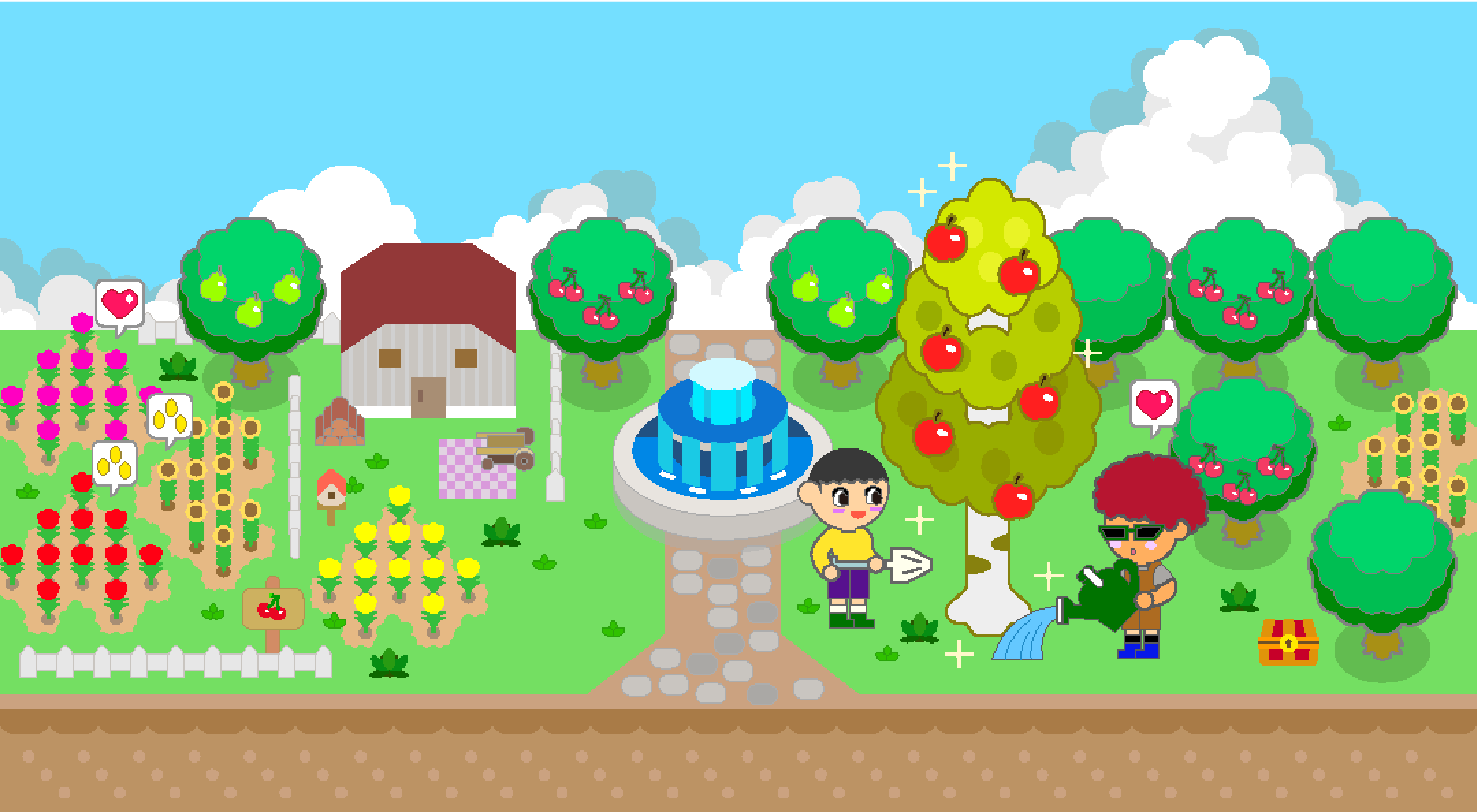 픽셀 아트로 그린 장면. 집과 분수, 꽃밭과 과일나무가 어우러져 있다. 두 인물이 나무를 돌본다. 아이는 흰 삽을 들고 서 있고, 남자는 물뿌리개로 사과나무에 물을 준다. 나무들이 열매를 맺고, 꽃과 나무 위는 하트와 빛으로 반짝인다.